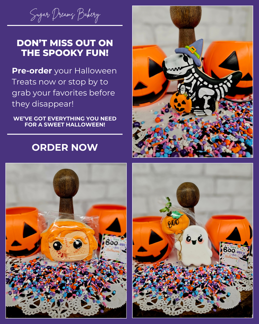 Halloween-themed treats from Sugar Dreams Bakery, showcasing creative designs for the season.